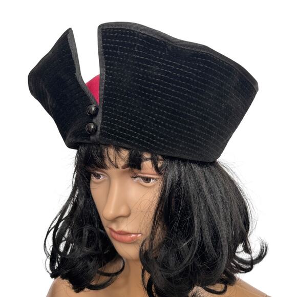 1950s Jaeger London Black Velvet Tilt Cocktail Hat Burgundy 21” Made UK main image 14
